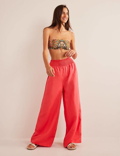 Linen Shirred Waist Pants - CORAL