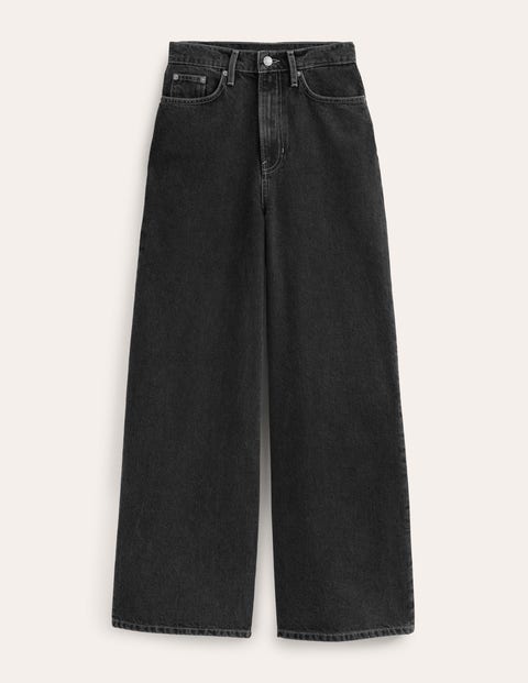 Mittelhohe Jeans mit weitem Bein Damen Boden, Gewaschenes Schwarz
