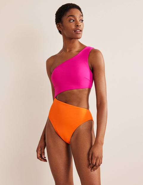 One Shoulder Cut Out Swimsuit - Pink Colourblock