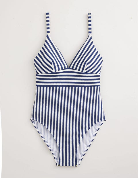 Boden Arezzo V-neck Panel Swimsuit Navy, Ivory Texture Stripe Women