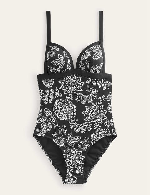 BODEN TRIANGLE PANELLED SWIMSUIT BLACK, WHITE FLORAL WOMEN BODEN