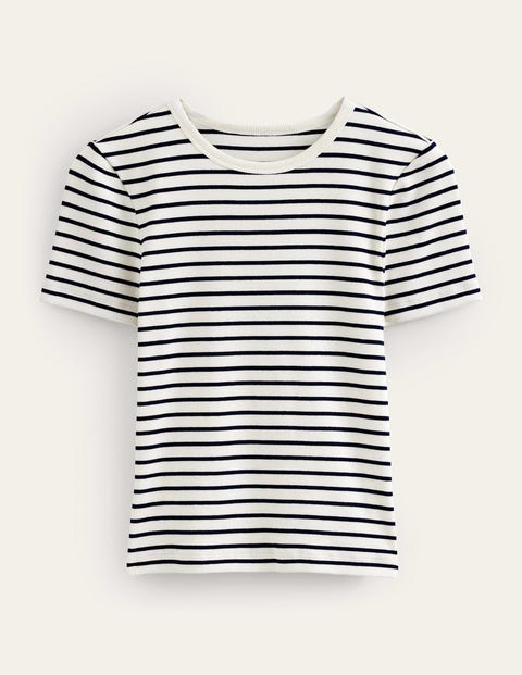 Geripptes T-Shirt mit Rundhalsausschnitt Damen Boden, Naturweiß/Marineblau Gestreift