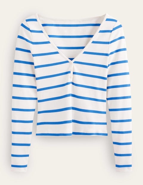 BODEN HENLEY RIBBED TOP CHINA BLUE, IVORY WOMEN BODEN