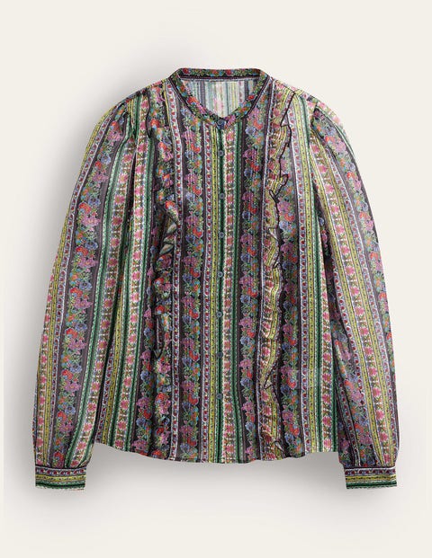 Ruffle Neck Raglan Button Down - Indigo Bloom Print