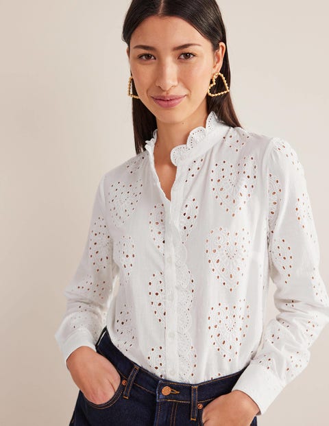 Scallop Trim Broderie Shirt - White | Boden UK