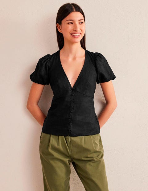 Fitted Linen V-neck Top - Black | Boden UK