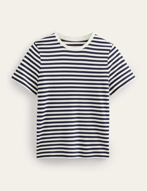 Baumwoll-T-Shirt mit Rundhalsausschnitt Damen Boden, Naturweiß/Marineblau, Gestreift