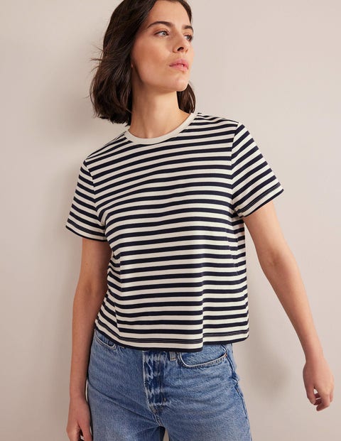 Perfect Cotton Cropped T-shirt - Ivory / Navy Stripe | Boden EU