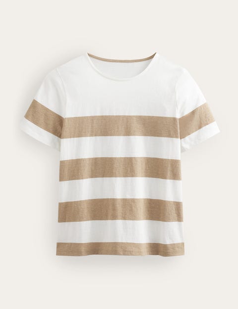 Kurzärmliges Breton-T-Shirt Damen Boden, Naturweiß/Kamelbraun, Breite Streifen