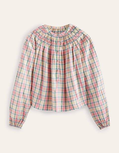 BODEN SMOCKING DETAIL BLOUSE SOFT IVORY CHECK WOMEN BODEN