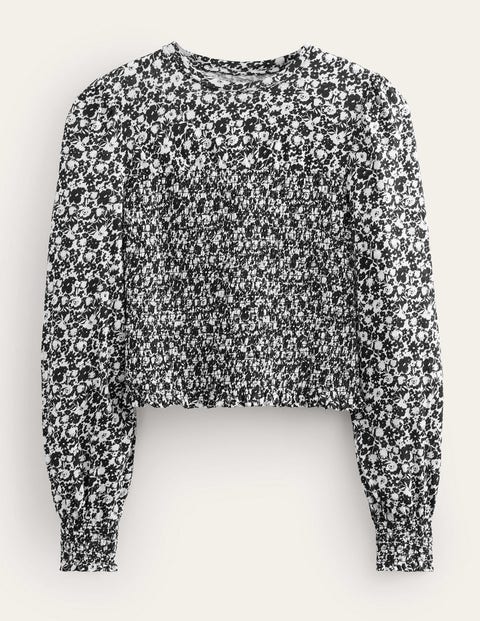 Gesmoktes Baumwolloberteil Damen Boden, Schwarz, Blüten