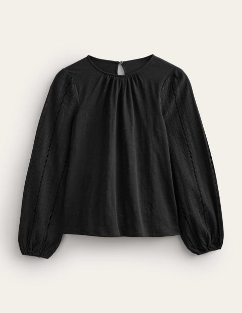 Crew Neck Broderie Sleeve Top Black Women Boden