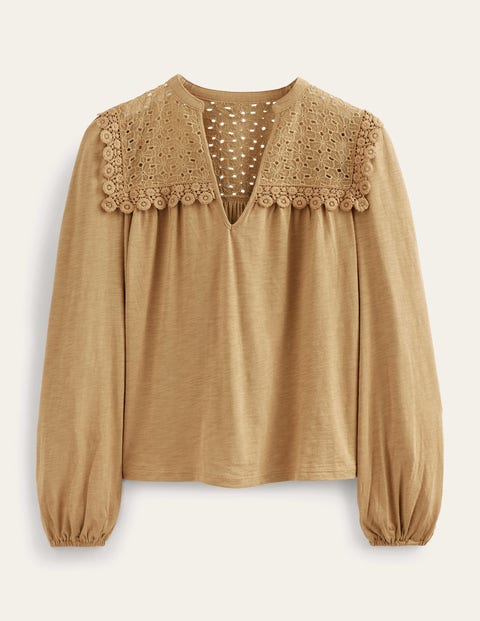 Boden Notch Neck Woven Mix Top Camel Women