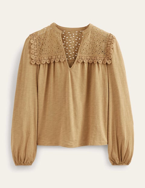 BODEN NOTCH NECK WOVEN MIX TOP CAMEL WOMEN BODEN