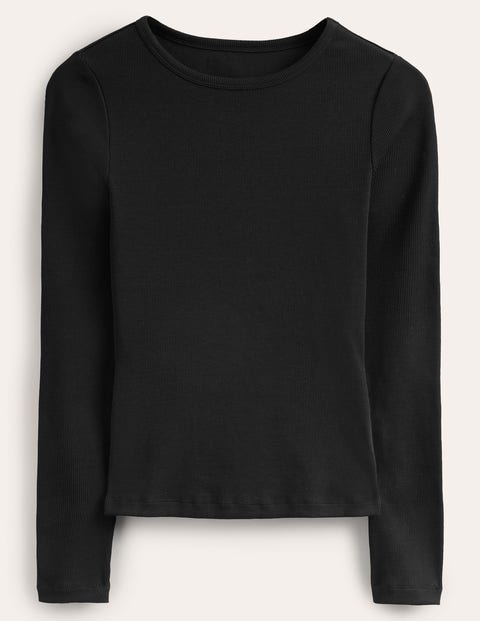 Cotton Ribbed Long Sleeve Top - Black