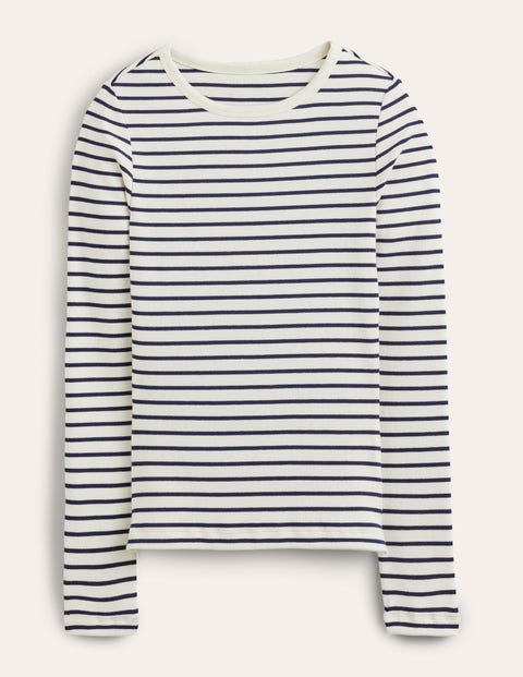 Cotton Ribbed Long Sleeve Top - Ivory/Navy Stripe | Boden US