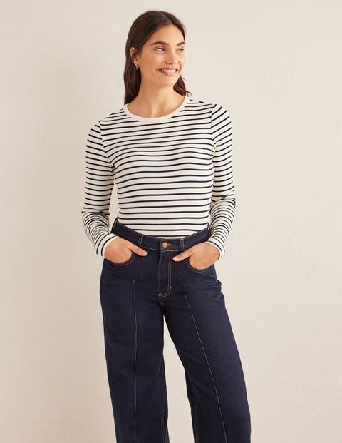 Cotton Ribbed Long Sleeve Top - Ivory/Navy Stripe | Boden US