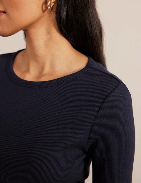 Cotton Ribbed Long Sleeve Top - Navy | Boden UK