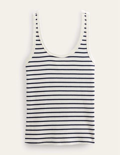 Geripptes Tanktop mit Rundhalsausschnitt Damen Boden, Naturweiß/Marineblau, Gestreift