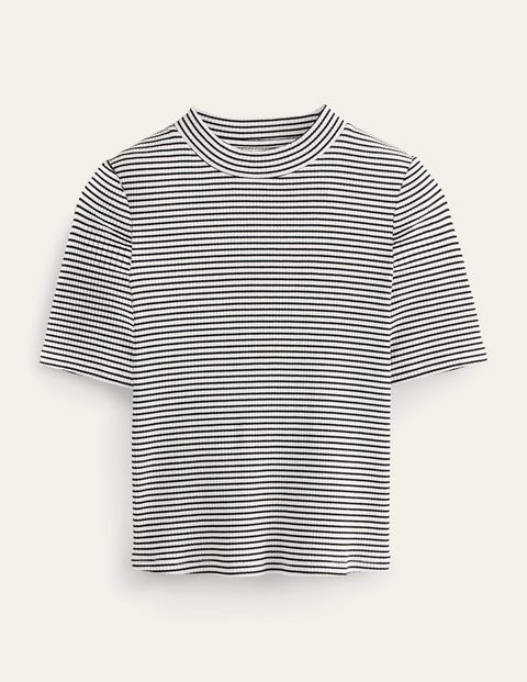 Rippstrickoberteil mit hohem Kragen Damen Boden, Naturweiß/Schwarz, Gestreift