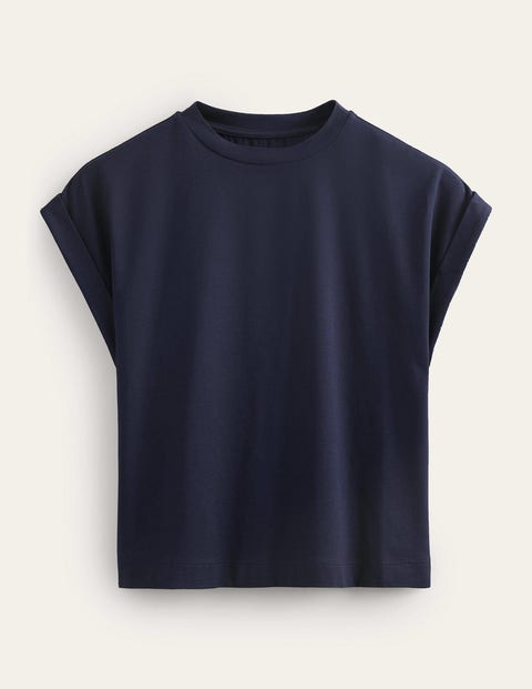 Marineblau, Rundhals-T-Shirt Mit Umgekrempelten Ärmeln, Damen, Boden, Marineblau