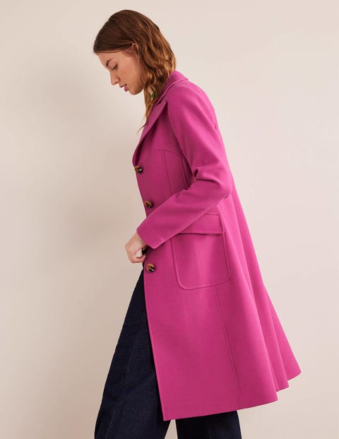 Women Hot Pink Wool Belt Long Coat Winter Cashmere Lapel Trench