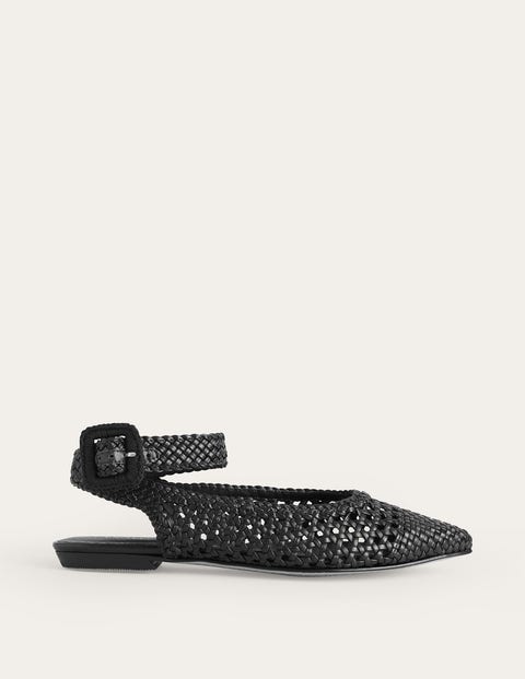 Boden Ankle Strap Pointed Flats Black Woven Leather Women