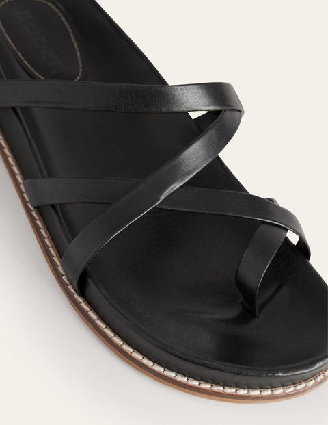 Multi Strap Flat Sandals - Black Leather