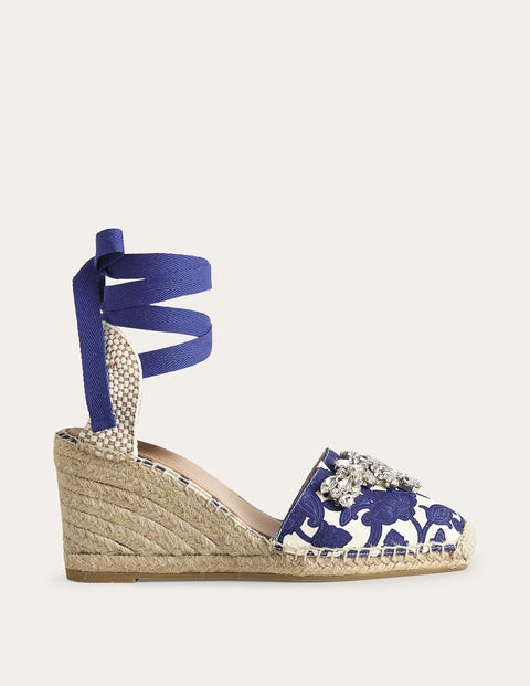 Blau, Geschwungenes Paisleymuster, Verzierte Espadrilles mit Keilabsatz, Damen, Boden, Blau, Geschwungenes Paisleymuster