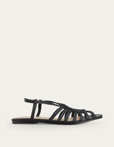 Schwarz, Flache Sandalen mit Webriemchen, Damen, Boden, Schwarz