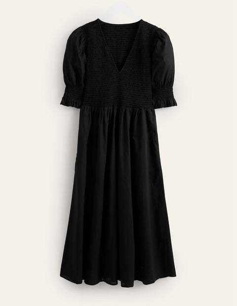 Smocked Bodice Midi Dress - Black | Boden UK