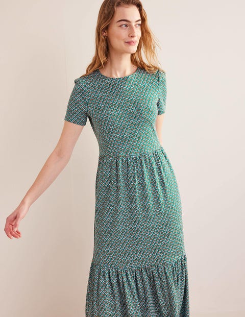 Tiered Midi T-Shirt Dress - Bottle Green, Bloom Bud | Boden US