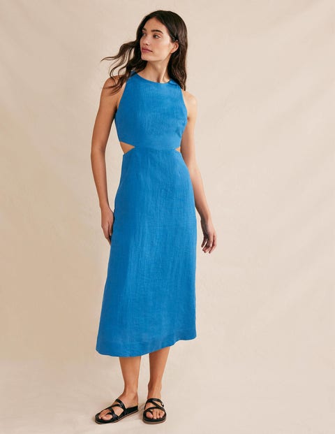 Cut Out Linen Midi Dress - Crystal Teal | Boden UK