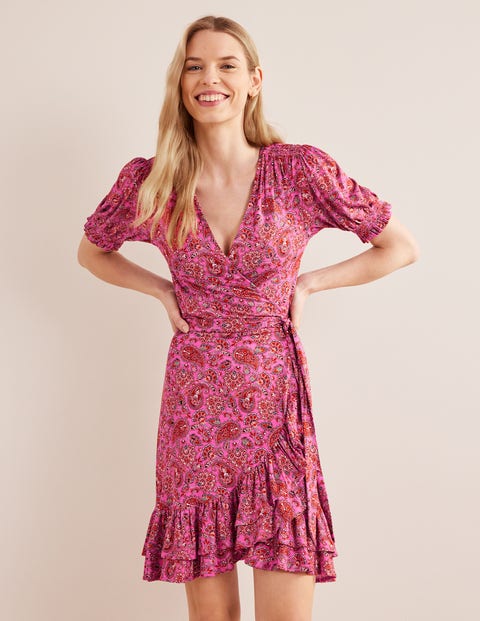 Ruffle Wrap Jersey Mini Dress - Carmine Rose, Paisley Terrace | Boden US