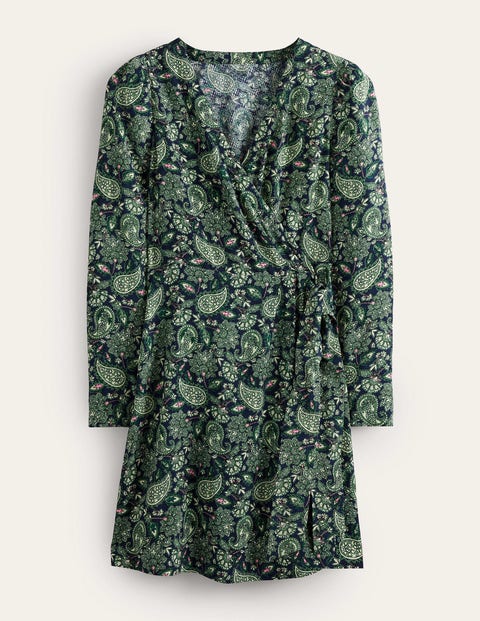 Wrap Detail Mini Dress Green Women Boden, Deep Sea, Paisley Terrace