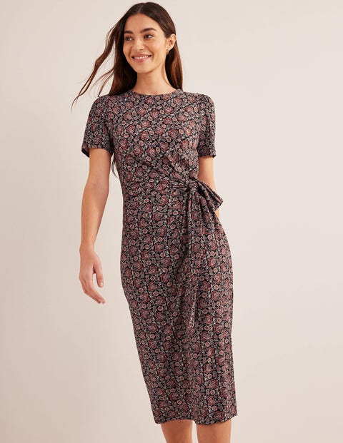 Knot Front Jersey Midi Dress - Black, Block Paisley