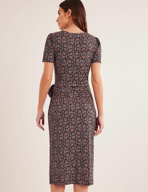 Knot Front Jersey Midi Dress - Black, Block Paisley