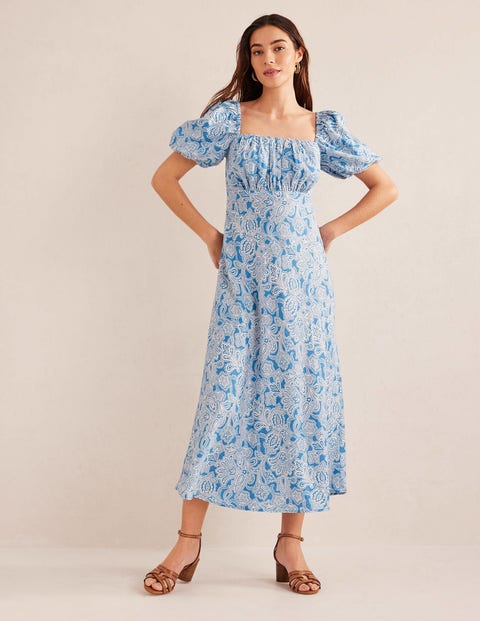 Ruched Bodice Midi Dress - Porcelain Blue, Paisley Bud | Boden US