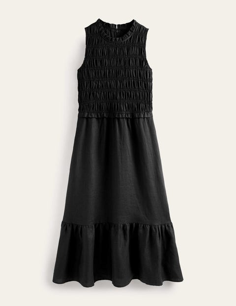 Smocked Linen Midi Dress Black Women Boden
