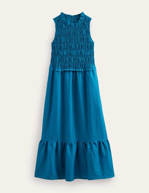 Smocked Linen Midi Dress Blue Women Boden