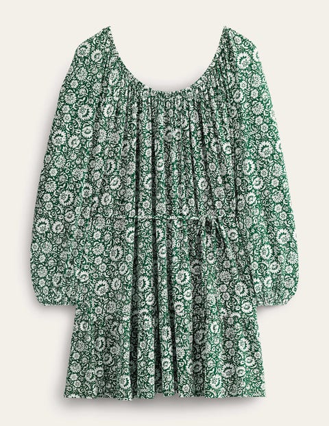 Gestuftes Jersey-Minikleid mit tiefem Rundhalsausschnitt Damen Boden, Flaschengrün, Blütenkaskade