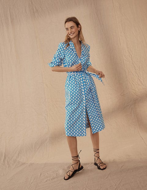 Collarless Midi Shirt Dress - Moroccan Blue, Geo Azure