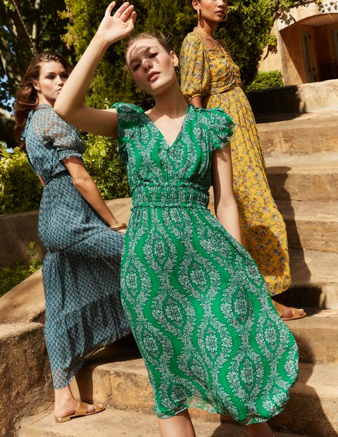 Gathered Waist Midi Dress - Rich Emerald, Botanic Wreath