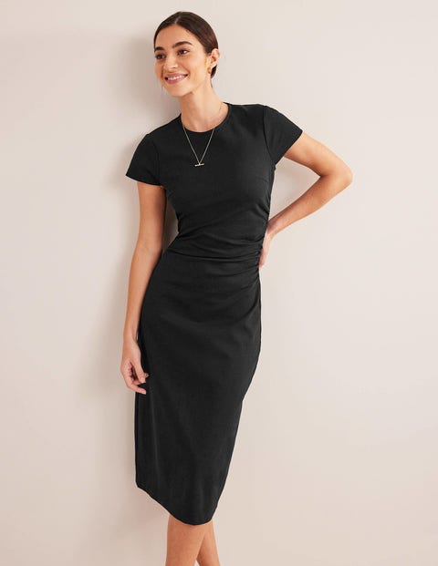 Side Ruched Jersey Midi Dress - Black