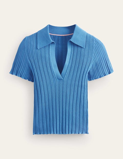 Ribbed Pointelle Collared Top Blue Women Boden