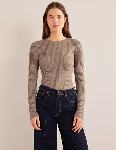 Ribbed Merino Jumper - Dark Mink Melange | Boden US