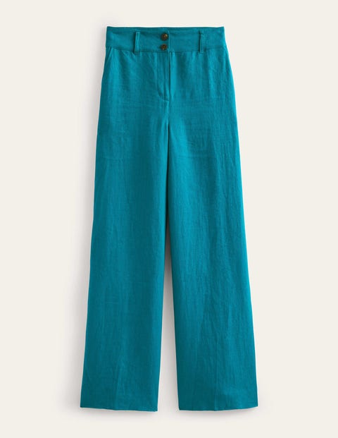 teal linen trousers