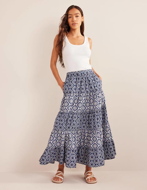 buying shop Womens Blush Botanic Flared Tiered Cotton-poplin Blue, Maxi ...