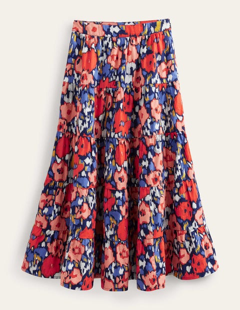 Gestufter Popeline-Midirock Damen Boden, Marineblau, Abstraktes Großes Mohnblumenmuster