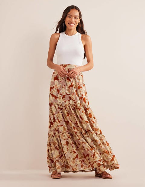 Tiered Metallic Maxi Skirt - Rust, Paisley Whirl